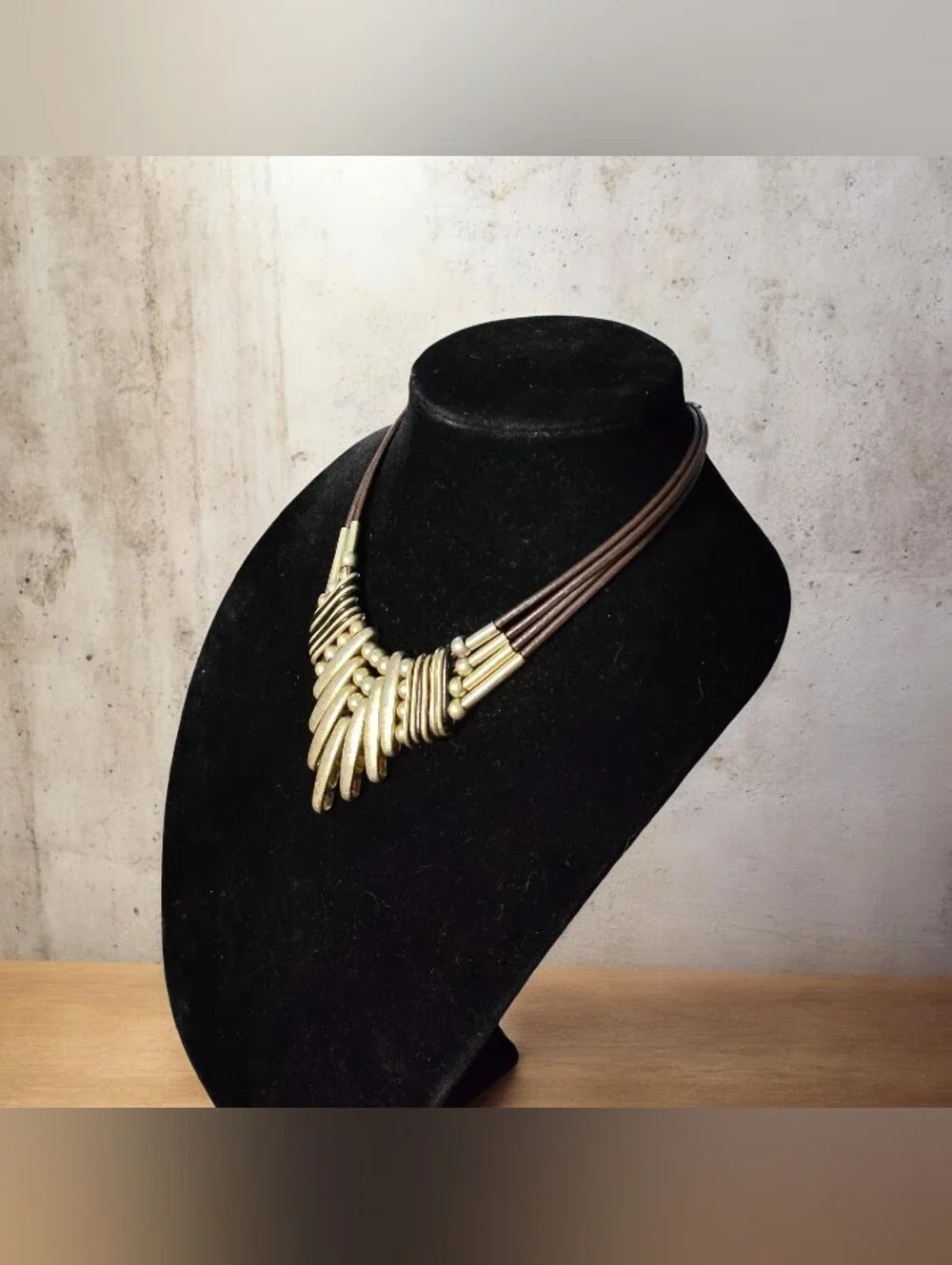 Vintage Gold-Tone Tribal Spike Necklace - Brown Cord